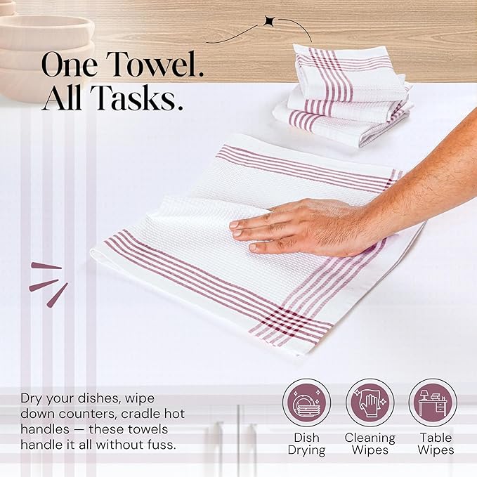 Burgundy and White Waffle Kitchen Towels 12 Pack, 100% Cotton, 16x26 Inch, Absorbent, Quick Dry, Durable Dishcloths for Wiping, Cleaning, Machine Washable, Kitchen, and Cooking Use