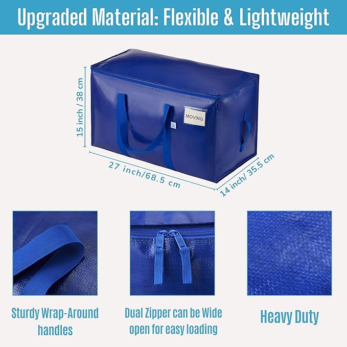 VENO 6 Pack Moving Bags, Upgraded Heavy Duty, Moving Boxes Alternative, Packing Storage Supplies for Dorm Room Essentials with Zipper for Clothes, Large Totes for Packaging (Blue, 6 Pack)