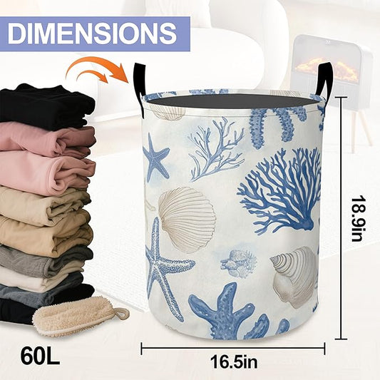 Vintage Starfish Laundry Basket, Shells Oxford Cloth Laundry Hamper With Handle Foldable Portable Clothes Storage Basket Storage Bag For Laundry Room/Bathroom/Bedroom/Dormitories