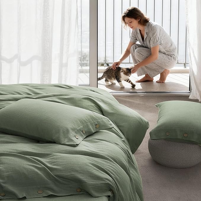 JELLYMONI Cotton Duvet Cover Queen Size - Sage Green Comforter Cover with Button 100% Washed Cotton 3PCS Breathable Soft Solid Bedding Set Duvet Cover 90×90in & 2 Pillowcases (NO Comforter)