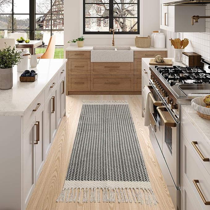 Lahome Boho Bathroom Runner Rug, 2x5 Laundry Room Washable Rugs for Entryway Cotton Grey Area Mat with Tassels, Farmhouse Throw Mats Non Shedding Carpet Runner for Hallway Door