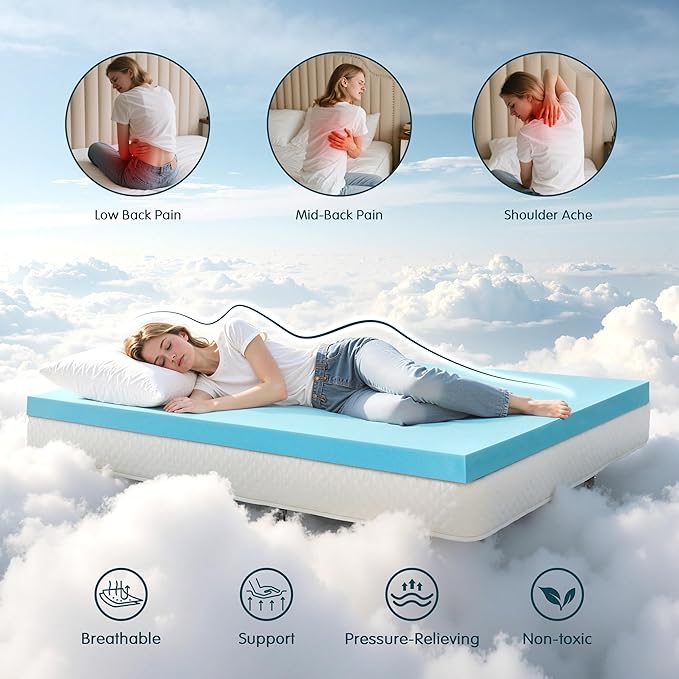 SyMax Twin Mattress Topper, Gel Infused Memory Foam Mattress Topper, Soft Bed Topper Mattress Pads for Bed, Sofa, RV, CertiPUR-US Certified, Blue, 4 Inch