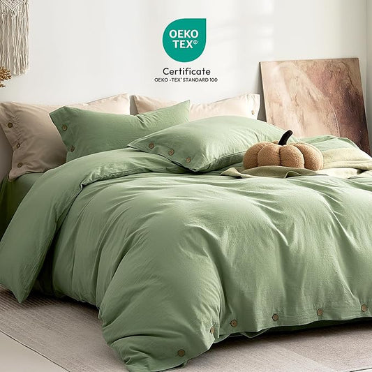 JELLYMONI 100% Washed Cotton Duvet Cover King – Soft, Breathable Linen-Look Bedding with Natural Wrinkle Texture, Button Closure, 3-Piece Set (Mint Green, 104"x90")