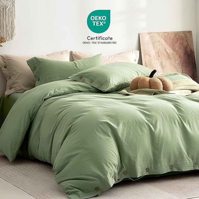 JELLYMONI 100% Washed Cotton Duvet Cover Twin – Soft, Breathable Linen-Look Bedding with Natural Wrinkle Texture, Button Closure, 3-Piece Set (Mint Green, 68"x90")
