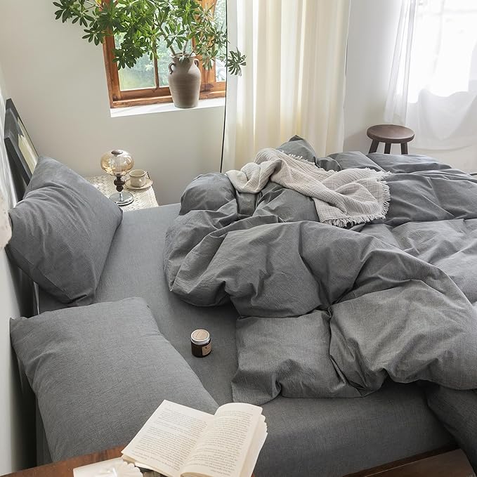 FOSSA Duvet Cover Set 100% Washed Cotton Linen Feel Super Soft Breathable Cozy 3 Pieces Bedding Sets Solid Dark Grey Oversized King
