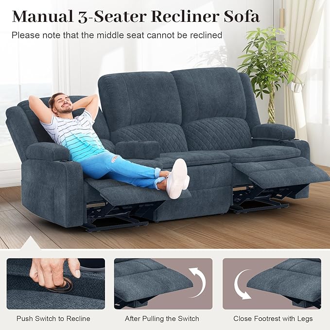 3 Seater Recliner Sofa Set with 2-Tier Cushion, 3+1+1 Pieces in Living Room, 3 Seater Reclining Couch Leather with Removable Console, 2 Oversize Recliner Chair Sofa Seat