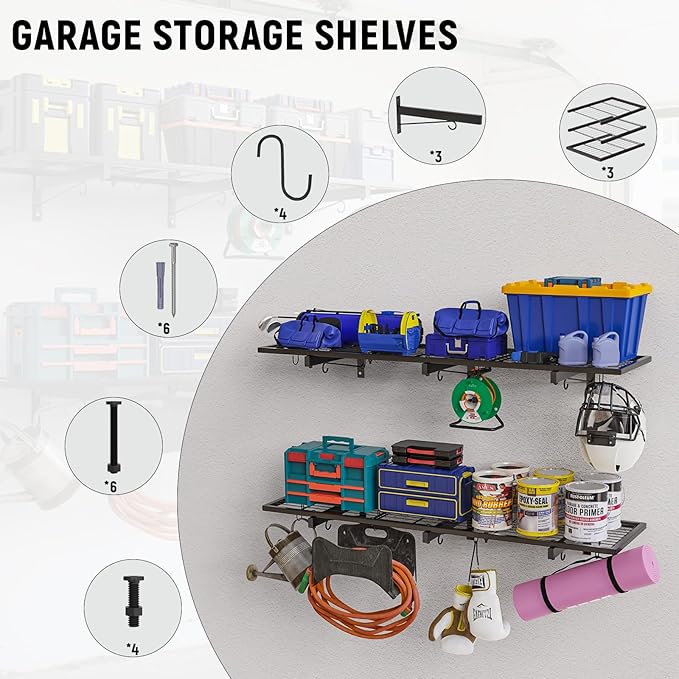 Garage Wall Shelves, 46"X12.5" Garage Shelving Wall Mounted, Heavy Duty Shelf Storage Rack with 4 Hooks, Black Organizer Floating Metal Shelf 160 LBS Capacity for Office, Basement, Laundry Room