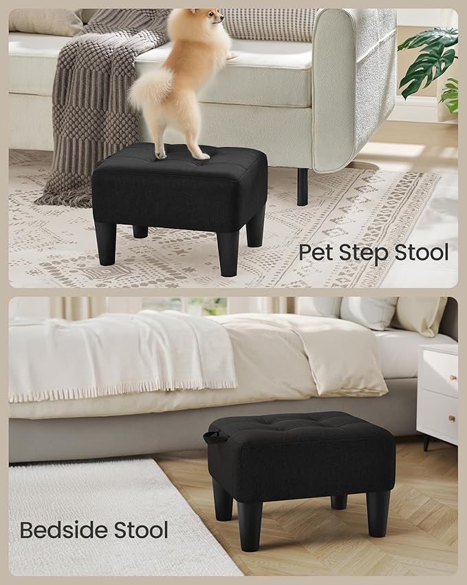 SONGMICS Foot Stool with Legs, Small Footstool Ottoman, Linen-Look Fabric Seat with Thick Cushion, for Living Room, Bedroom, Entryway, 330 lb Weight Capacity, Ink Black ULOM502B01