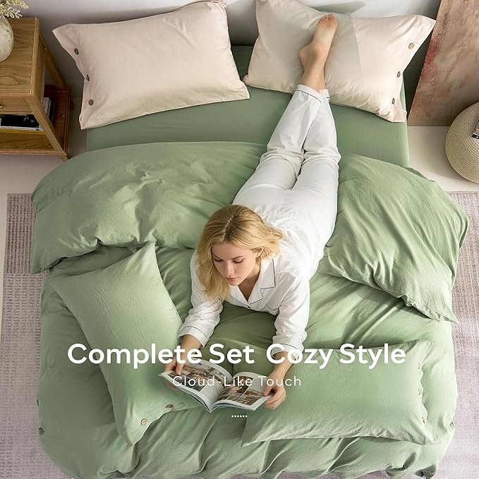 JELLYMONI 100% Washed Cotton Duvet Cover Twin – Soft, Breathable Linen-Look Bedding with Natural Wrinkle Texture, Button Closure, 3-Piece Set (Mint Green, 68"x90")
