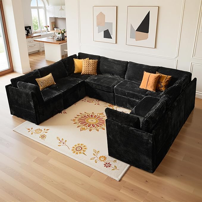 Large 8 Seat Modular Sectional Sofa with Ottoman Seat Corduroy Sleeper Sectional Sofa Bed Oversized Convertible Modular Couch for Living Room