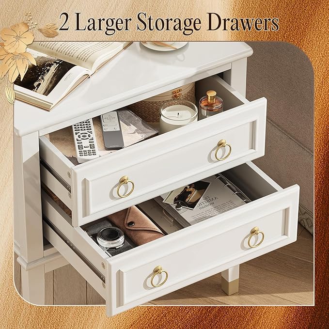 Huuger 27.6 Inch Tall Nightstand with Charging Station, USB-C Port, 2 Drawers Bedside Table, Larger Night Stand with 11.4 Inch Raised Legs, Painted Side Table End Table, for Bedroom, White