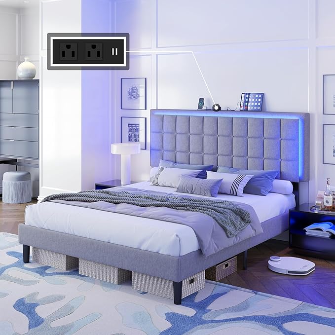 AMERLIFE King Size Button Tufted Platform Bed Frame with LED Lights, Upholstered Bed Frame with Charging Station, Wood Slat Support, Mattress Foundation, Light Grey