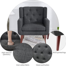 Accent Chair Button-Tufted Upholstered Living Room Chairs Comfy Reading Chair Mid Century Modern Chair with Linen Fabric Lounge Arm Chairs for Living Room Bedroom (Grey)