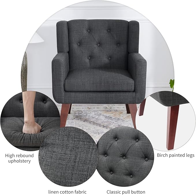 Accent Chair Button-Tufted Upholstered Living Room Chairs Comfy Reading Chair Mid Century Modern Chair with Linen Fabric Lounge Arm Chairs for Living Room Bedroom (Grey)