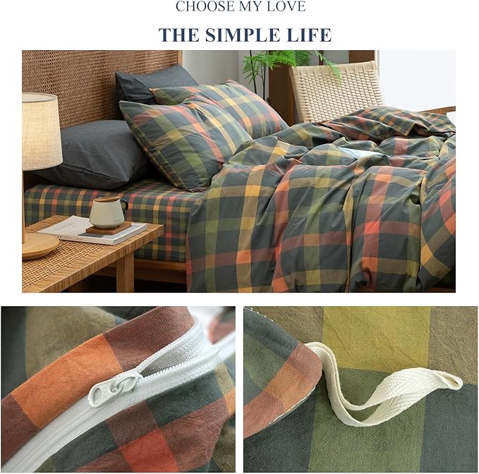 VM VOUGEMARKET Multicolor Plaid Duvet Cover Set Full Soft Washed Cotton Reversible Bedding Modern Cozy Grid Duvet Cover with 2 Pillowcases for Men Women-Orange/Grey/Green,80x90Inch