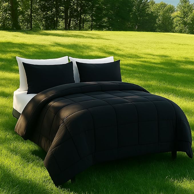 DOWNCOOL Full Size Comforter Sets -All Season Bedding Comforters with 2 Pillow Cases -3 Pieces Bed Set Down Alternative Comforter -Black Bedding Sets (82"x86")