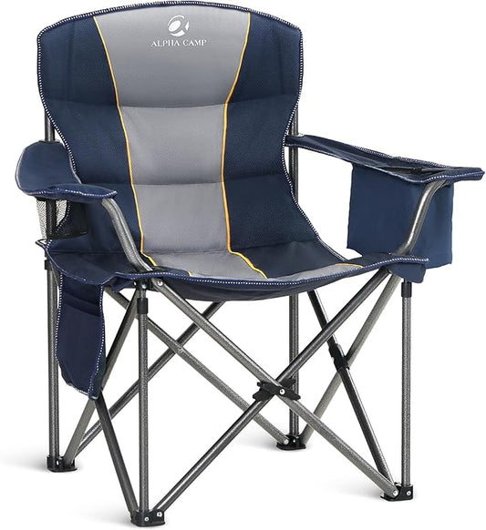 ALPHA CAMP Oversized Camping Chair Heavy Duty Lawn Chair with Cooler Bag Support 450 LBS Steel Frame Collapsible Padded Arm Quad Lumbar Back Folding Chair for Lawn Outdoor