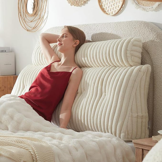 Headboard Pillow + A Long Neck Roll Pillow Body Pillow，Faux Fur Headboard Wedge Pillow with Removable Cover (Beige, Queen：59x8x20 inches)