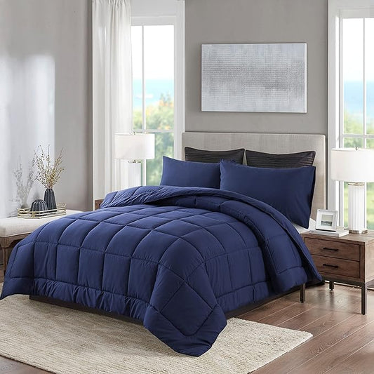 DOWNCOOL Blue Full Size Comforter Set - All Season Bedding with 2 Pillowcases - 3 Pieces - Down Alternative Comforter Set