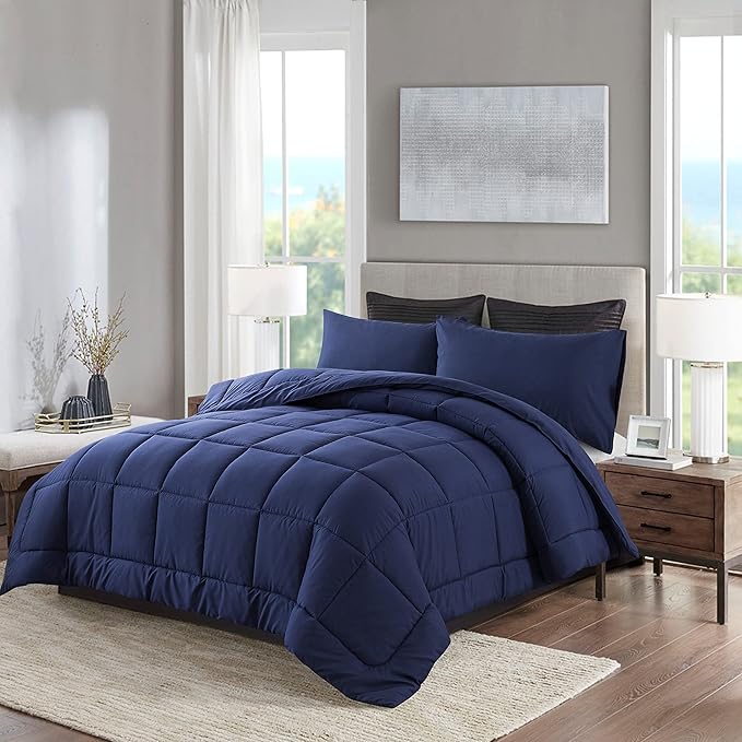 DOWNCOOL Queen Comforter Set -All Season Bedding Comforters Sets with 2 Pillow Cases -3 Pieces Bedding Sets Queen -Down Alternative Navy Comforter Set for Queen Size Bed(88"x92")