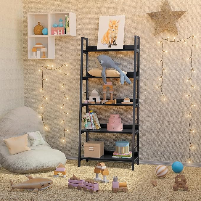 Himimi Black Ladder Bookshelf, 5 Shelf Bookcase Industrial Bookshelf Wood and Metal Bookshelves, Plant Flower Stand Rack Book Storage Shelves for Living Room, Bedroom, Home Office