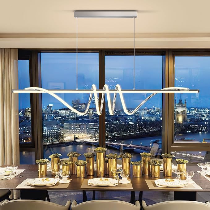 Modern Pendant Light Kitchen Island 57in Dimmable Hanging Lamp 3000k-6000K Adjustable Warm/Nautral/White with Remote Control, Dining Room Light Fixture Chrome Silver