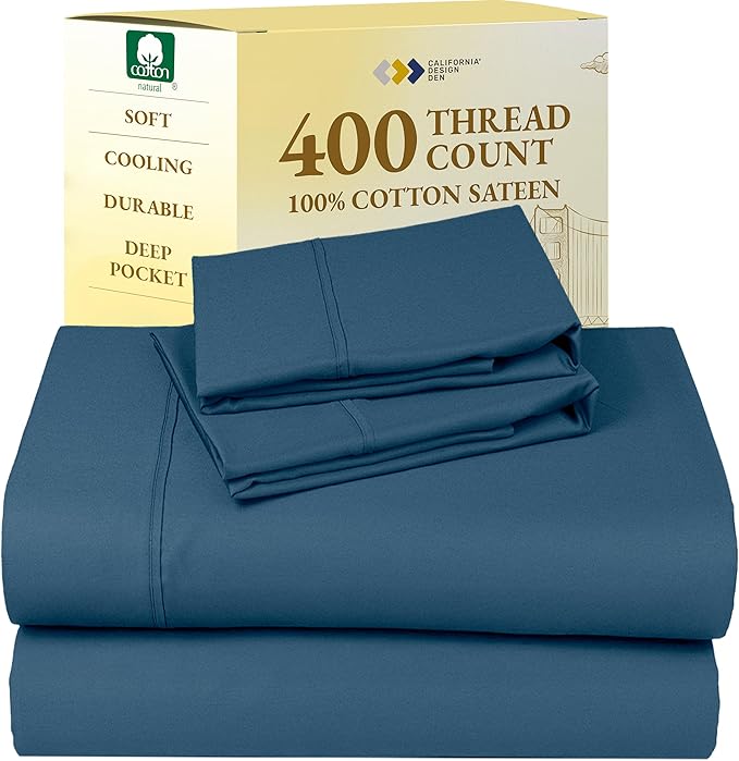 California Design Den King Bed Sheets Set - Soft 400 Thread Count Sateen, Natural 100% Cotton Sheets, Deep Pockets with All-Around Elastic for a Snug Fit, Durable Bedding Set - Peacock Blue