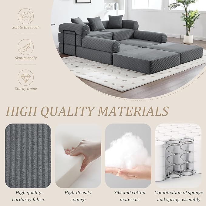 106" Oversized Convertible Sleeper Sofa Bed, Corduroy L Shape Sectional Couch, Folding Sofa Bed with Side Pocket, Modern Cloud Floor Mattress Couch, Modular Sofa for Living Room, Gray