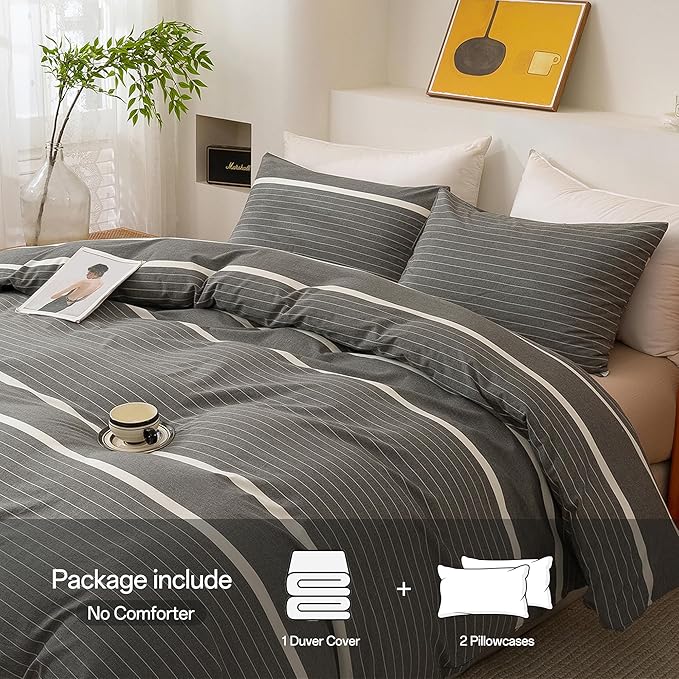 ECOCOTT 3 Pieces Duvet Cover Queen Size, 100% Washed Cotton 1 Duvet Cover with Zipper and 2 Pillowcases, Ultra Soft and Easy Care Breathable Cozy Simple Style Bedding Set(Grey Striped)