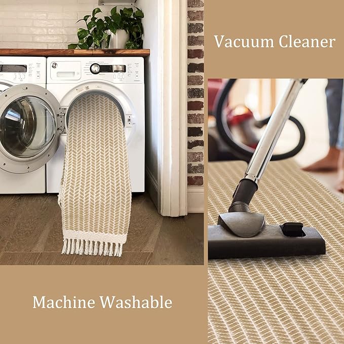 Lahome Boho Kitchen Runner, 2x4.3 Bathroom Runner Rug Lightweight Entryway Rugs Woven Cotton Throw Mat with Tassels, Farmhouse Non Shedding Washable Rug Low Pile Runners for Bedroom Doorway, Khaki