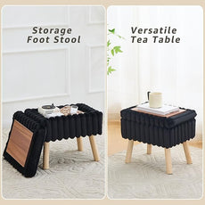 Wimarsbon Storage Ottoman,Soft Faux Fur Footstool with Padded Seat, Small Reading Vanity Chair, Footrest with Wood Tray for Couch, Mini Coffee Table or Display Stand (Black, Rectangular Storage)