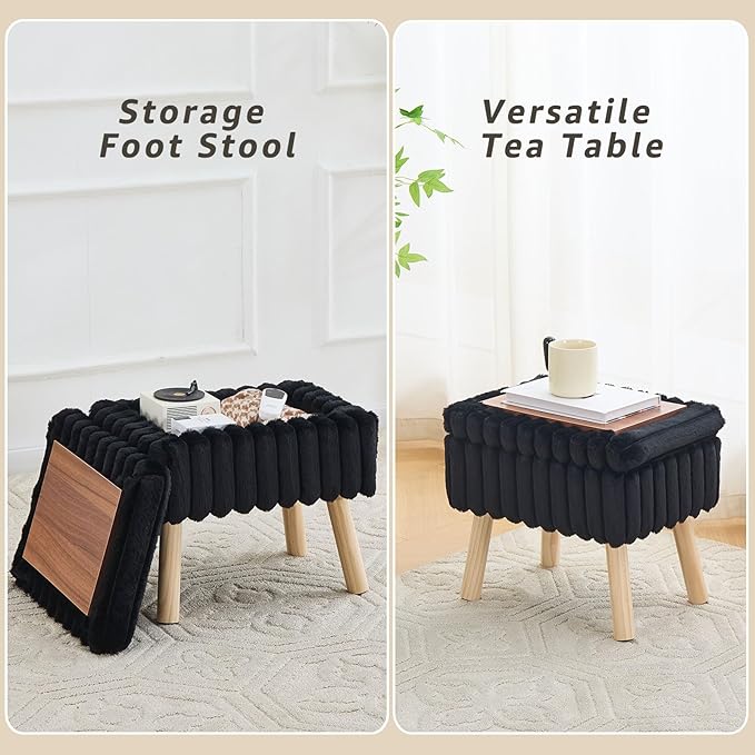Wimarsbon Storage Ottoman,Soft Faux Fur Footstool with Padded Seat, Small Reading Vanity Chair, Footrest with Wood Tray for Couch, Mini Coffee Table or Display Stand (Black, Rectangular Storage)
