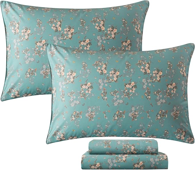 FADFAY 100% Percale Cotton Sheets Set - Vintage Floral & Butterfly Print Bedding - Crisp, Breathable Teal Aqua 4 Piece Sheet Set with Deep Pocket, California King Size