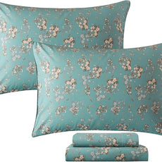 FADFAY 100% Percale Cotton Sheets Set - Vintage Floral & Butterfly Print Bedding - Crisp, Breathable Teal Aqua 4 Piece Sheet Set with Deep Pocket, Full Size