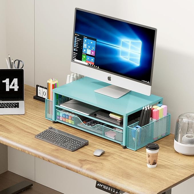 OPNICE Desk Organizers and Accessories, 2-Tier Computer Monitor Stand Riser with Drawer and 2 Pen Holders, Laptop Stand, Office Desk Accessories for Office Supplies, Teal Blue