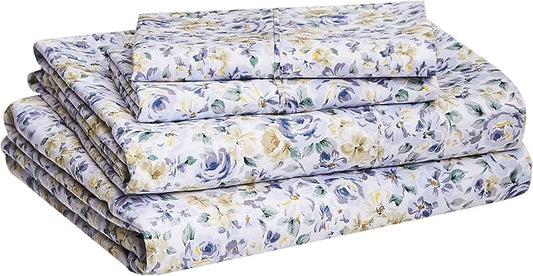 Amazon Basics Lightweight Super Soft Easy Care Microfiber 4 Piece Bed Sheet Set With 14-inch Deep Pockets, Full, Blue Floral,Printed AmazonBasics