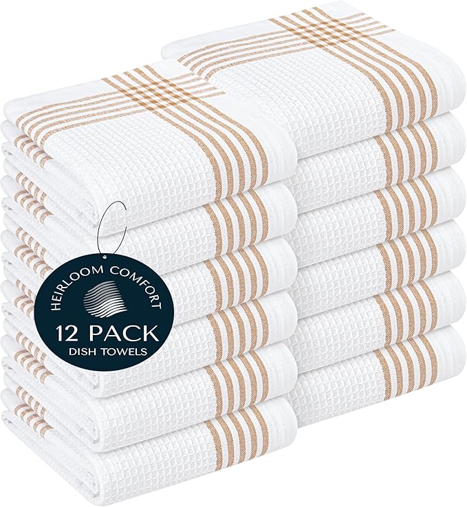 Brown and White Cotton Kitchen Towels 12 Pack, Waffle Weave, 16x26 Inch, Super Absorbent, Reversible, Quick Dry Dishcloths for Drying Dishes, Cleaning, Reusable, Everyday Use