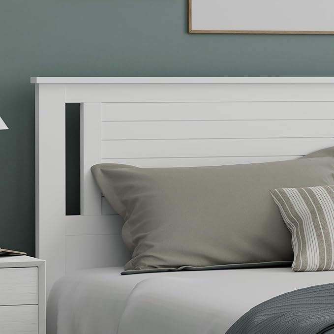 Serene Poplar Wood King Size Headboard in White, Modern Farmhouse Panel with Horizontal Scoring, Casual Coastal Style, Easy Assembly, Quality Materials