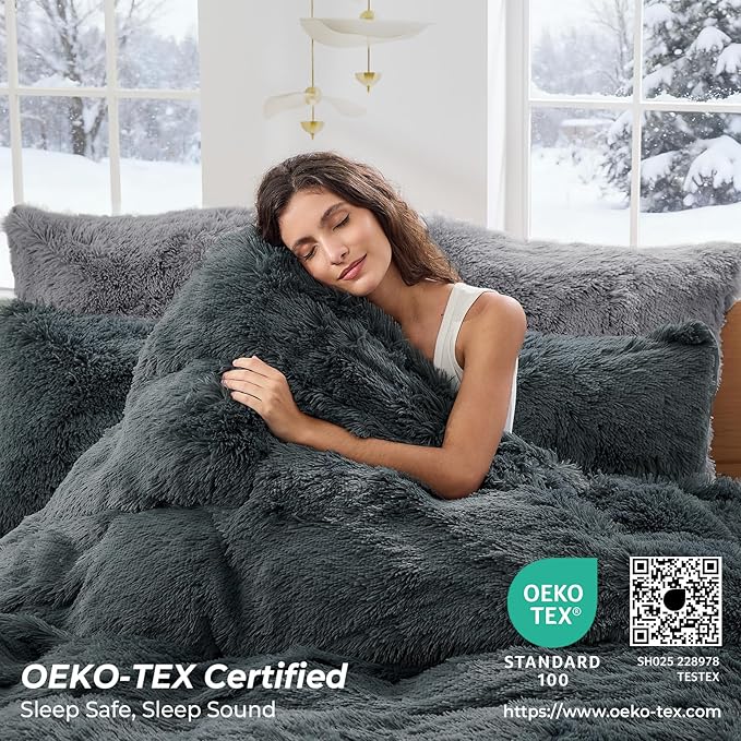 Sasttie 2-Piece Fluffy Duvet Cover Twin/Twin XL, Ultra Soft Faux Fur and Velvet Grey Comforter Cover, Luxury Fuzzy Bedding Sets for Winter Bed, Includes 1 Duvet Cover and 1 Pillowcase, No Comforter