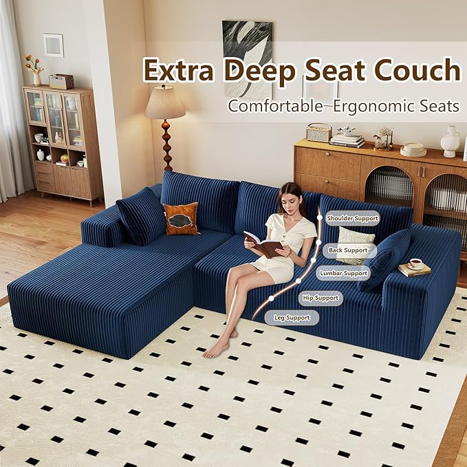 96" Modular Sectional Couch, Boneless L Shaped Cloud Sofa with Chaise Lounge, Corduroy Upholstered Couches Memory Foam Deep Seat, No Assembly Required, Ideal for Living Room(Blue, Left Facing)