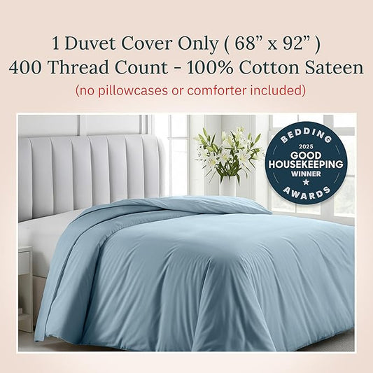 California Design Den Duvet Cover Cotton Only - Premium 400 Thread Count, Natural 100% Cotton Twin Bed Duvet Cover, Soft Sateen Weave, Button Closure and Corner Ties - Sky Blue
