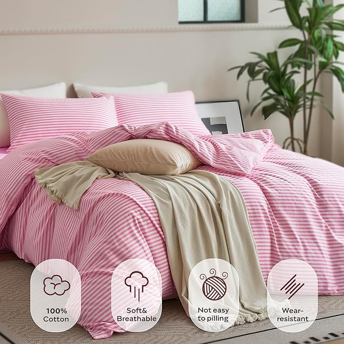 JELLYMONI Full Duvet Cover Set, Cotton Duvet Cover 2 Pieces with Zipper Closure, 1 Duvet Cover and 2 Pillowcases(Pink with White Striped)