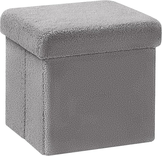 PINPLUS Storage Ottoman Cube Square Shaped Ottomans with Storage Foot Stool Footrest for Lving Room Boucle Ottoman Seat for Dorm Room,Faux Teddy Fur Grey,11.8"x11.8"x11.8"