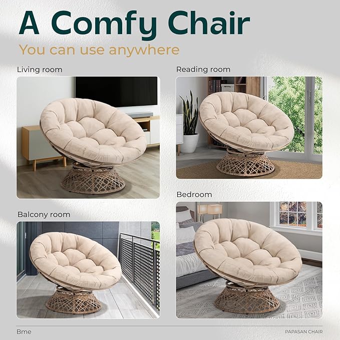 Bme Metal Oversized Swivel Papasan Chair, Living Room Chair with Beige Cushion, Brown Frame, 360° Swivel, Skillfully Woven Resin Wicker, 46 Inch Wide, Bee-Designed Base, Modern Style, Indoor Use