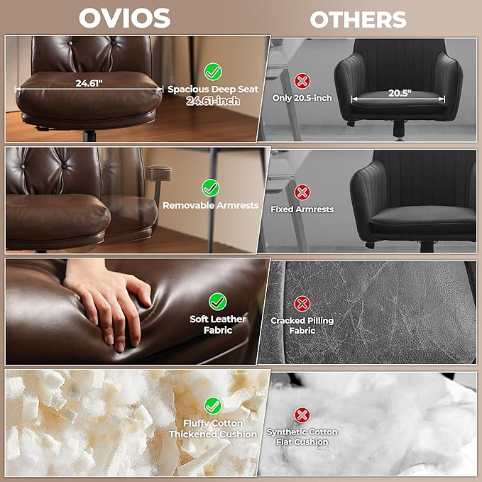 ovios Ergonomic Office Chair, High Back Faux Leather Executive Chairs with Thick Cushion, Comfy High-Century Modern Swivel Rolling Computer Armchair (Dark Brown, PU Leather)