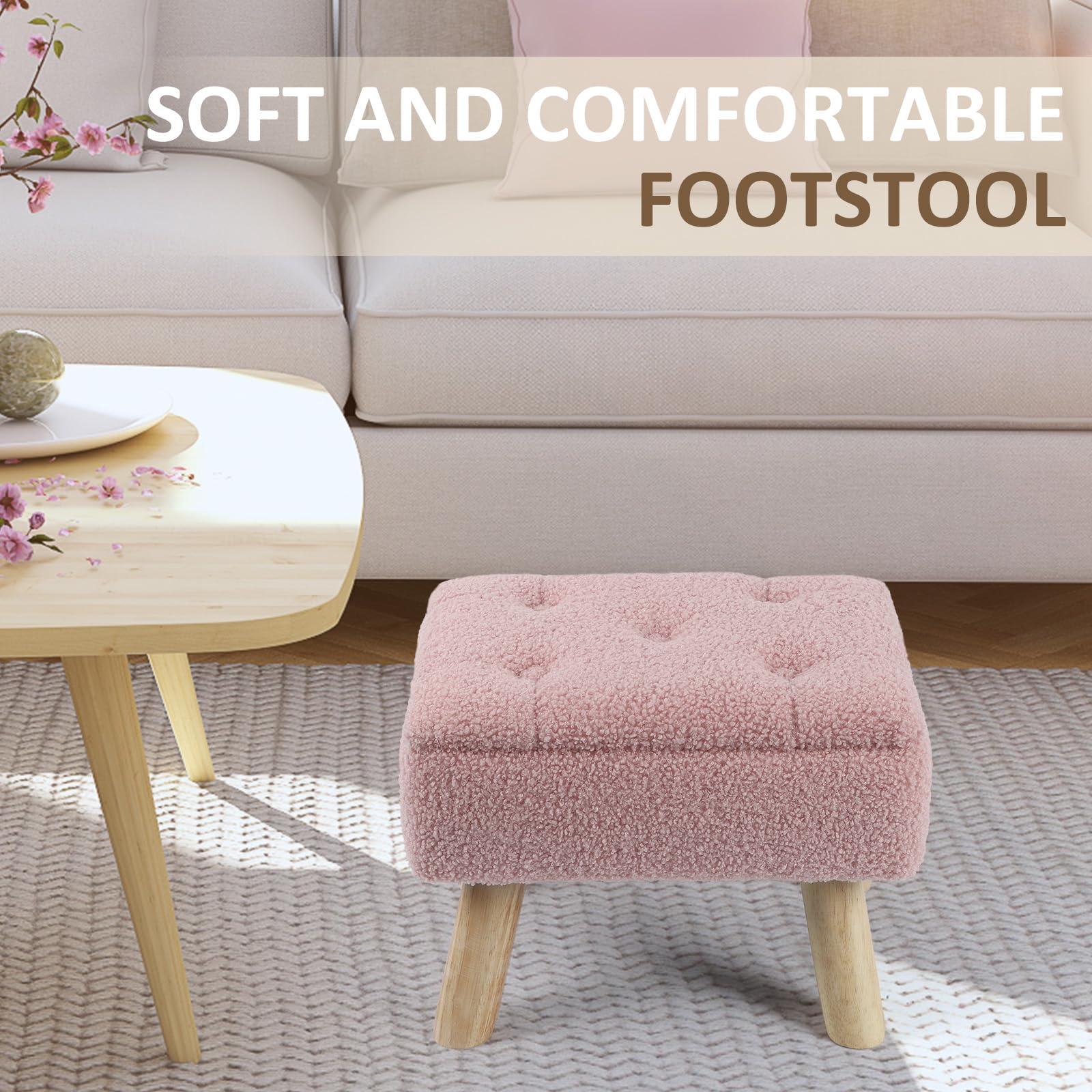 OGEMXU Storage Ottoman, Small Foot Stool Ottoman with Storage, Boucle Teddy Velvet Foot Rest with Padded Seat, Sturdy Wood Legs Stool for Living Room, Bedroom, Couch, Enterway (Cream) Dormly