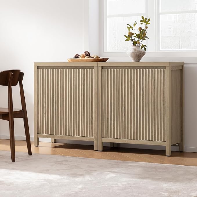 SICOTAS Sideboard Buffet Cabinet with Storage, Fluted Credenza Console Cabinet with Adjustable Shelves, Farmhouse Coffee Bar Storage Cabinets for Kitchen, Living Room, Entryway, Light Oak, 2 PCS