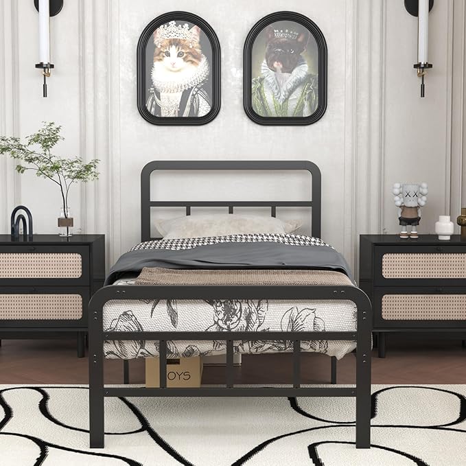 Twin Bed Frames with Headboard and Footboard 14 Inch, Twin Platform Bed Frame with Strong Metal Slats Support, Under-Bed Storage, Noise Free, Easy Assembly, Black