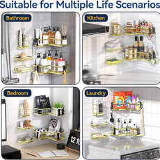 YASONIC Corner Shower Caddy Organizer, 5-Pack Self-Adhesive Rustproof Bath Shelves with Soap Holder & 4 Hooks, Large Capacity Shower Storage Rack for Bathroom Organization, Gold