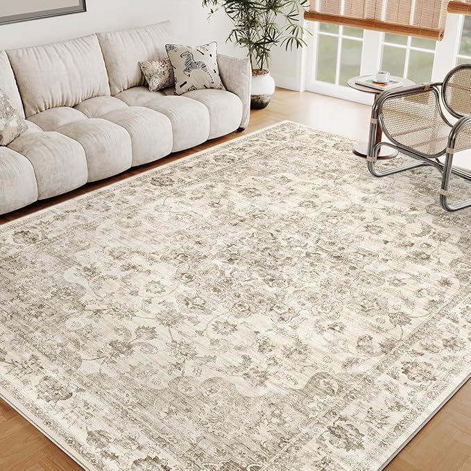 6x9 Washable Neutral Area Rug Beige Vintage Living Room Bedroom Carpet Non-Slip Soft Low Pile Floral Indoor Throw Rug for Dining Room Entryway Office